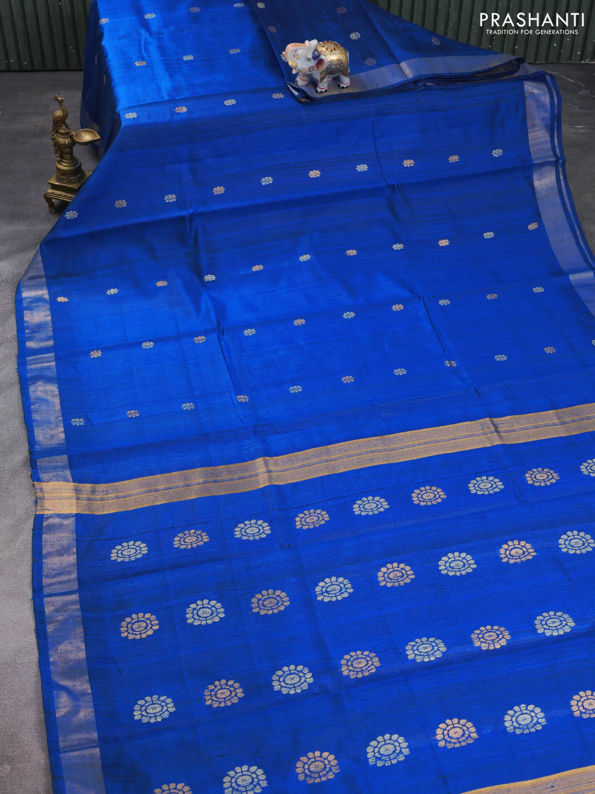 Pure dupion silk saree cs blue with thread & zari woven buttas and zari woven border - Image 2
