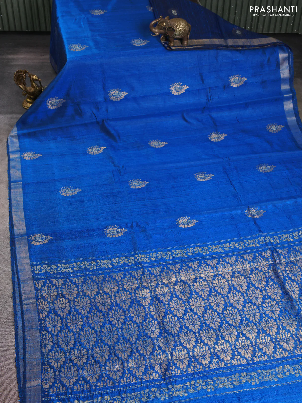 Pure dupion silk saree cs blue with thread & zari woven paisley buttas and zari woven border - Image 2