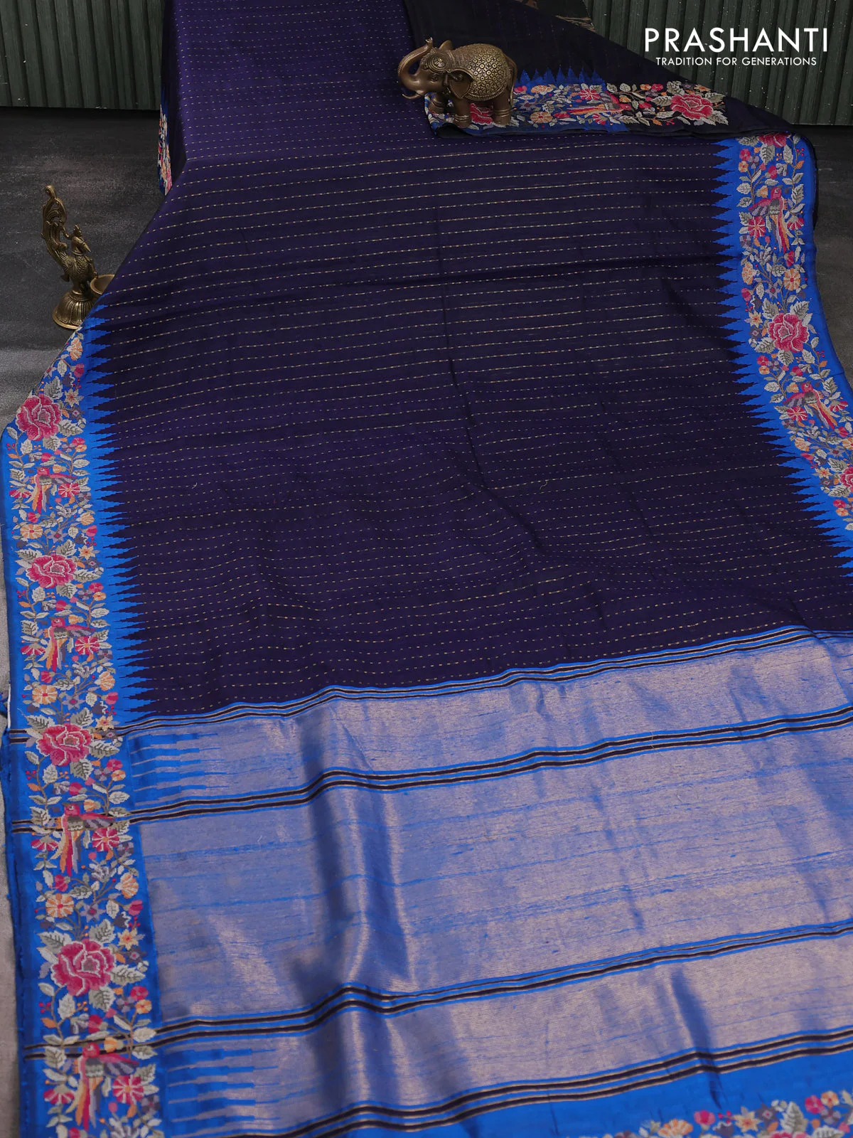 Pure dupion silk saree dark blue and cs blue with allover zari weaves and temple design embroidery border - Image 2