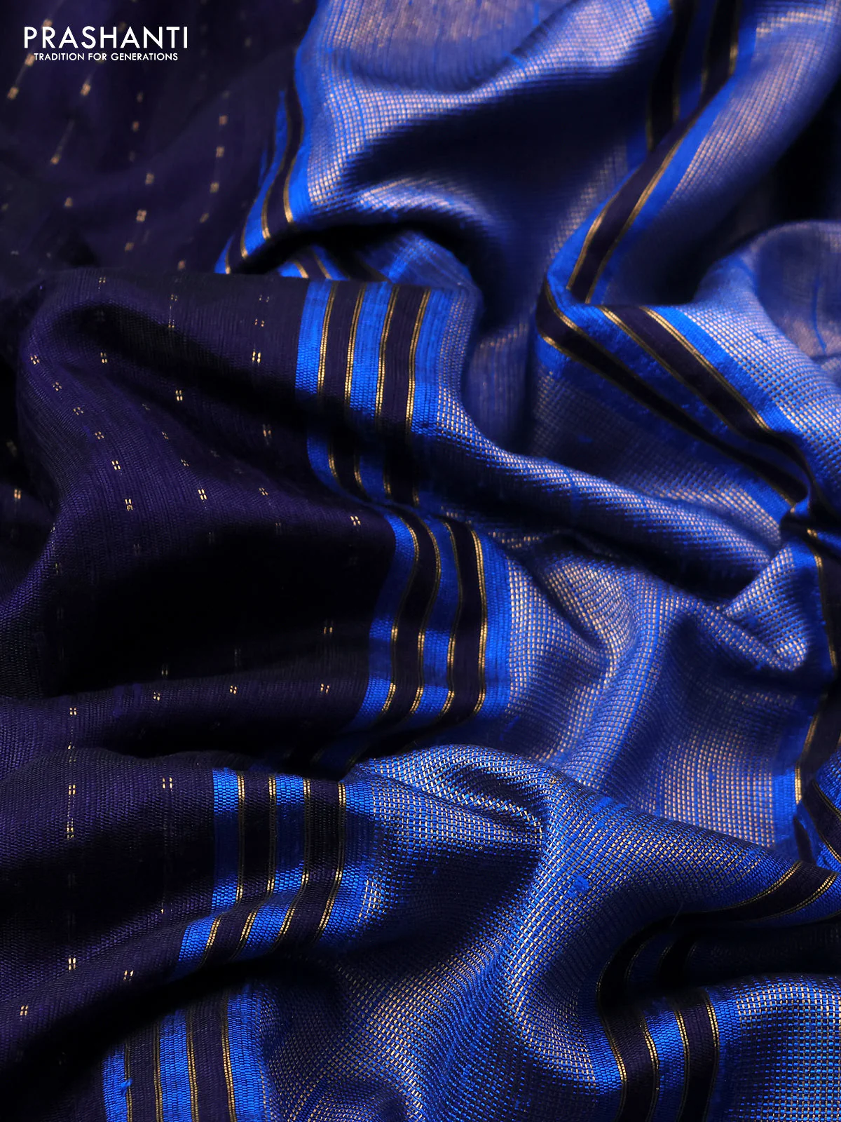Pure dupion silk saree dark blue and cs blue with allover zari weaves and temple design embroidery border - Image 3