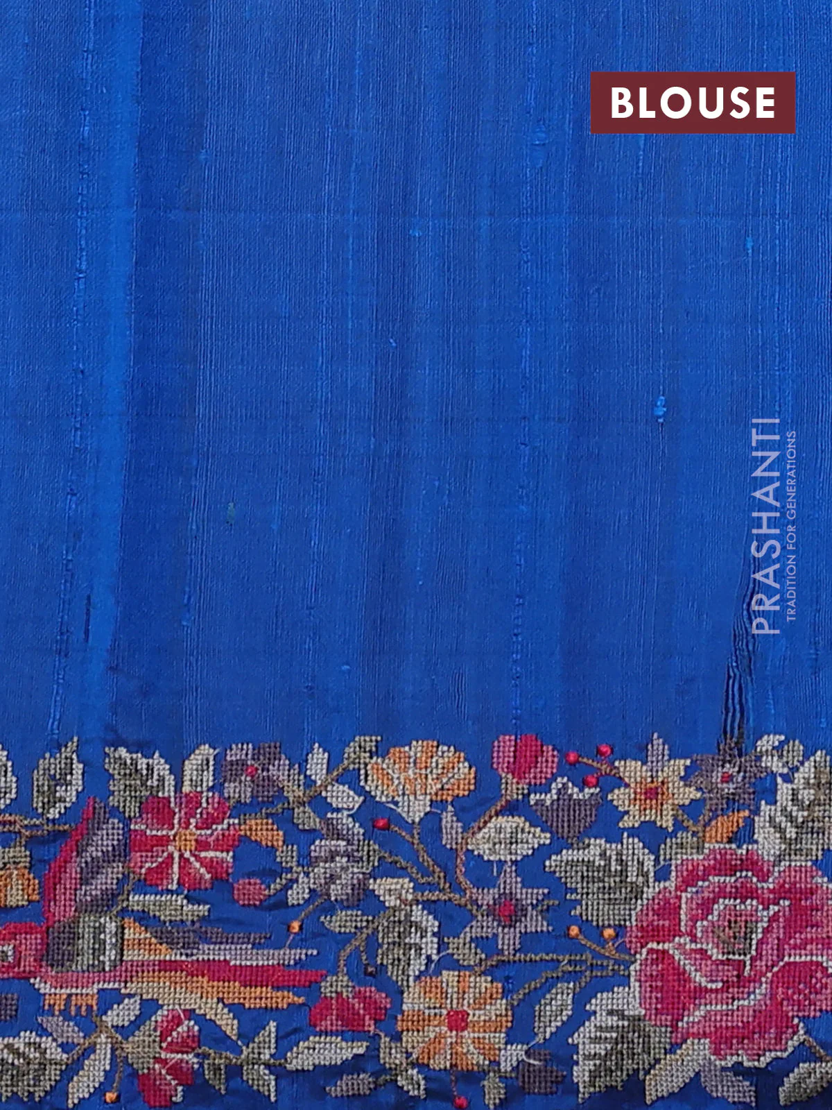 Pure dupion silk saree dark blue and cs blue with allover zari weaves and temple design embroidery border - Image 4