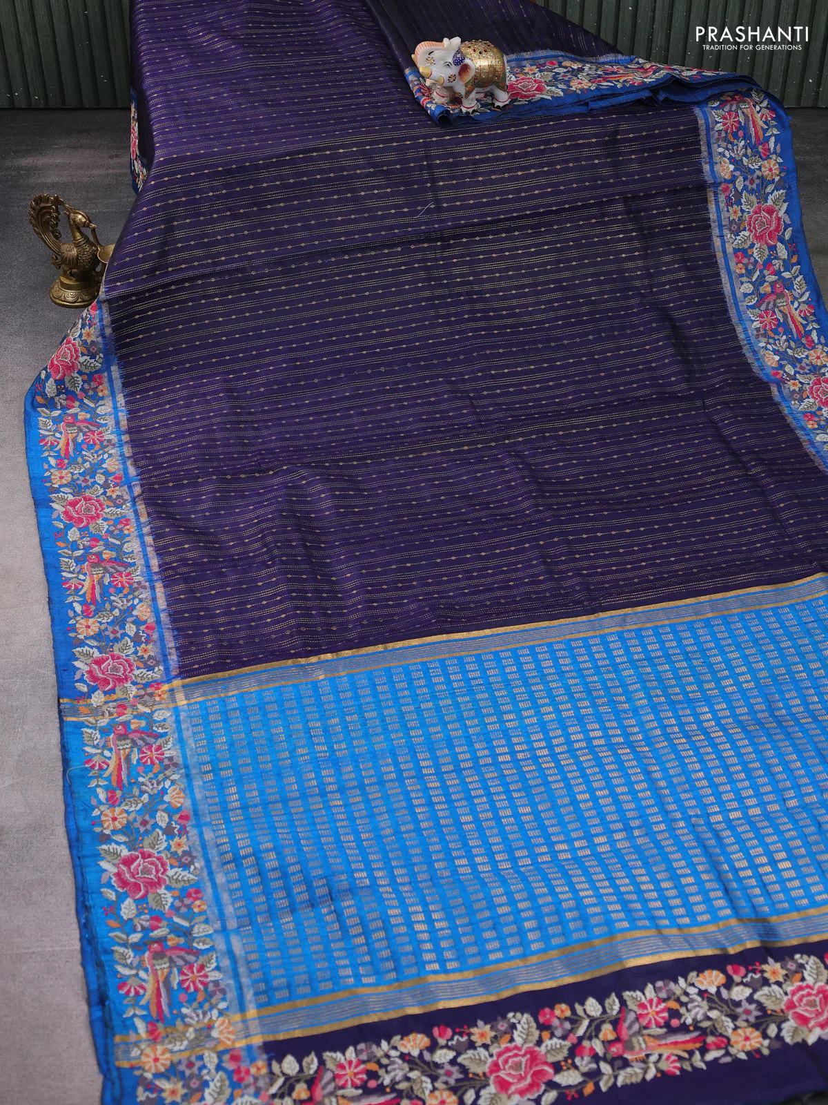 Pure dupion silk saree dark blue and cs blue with allover zari weaves and zari woven embroidery border - Image 2