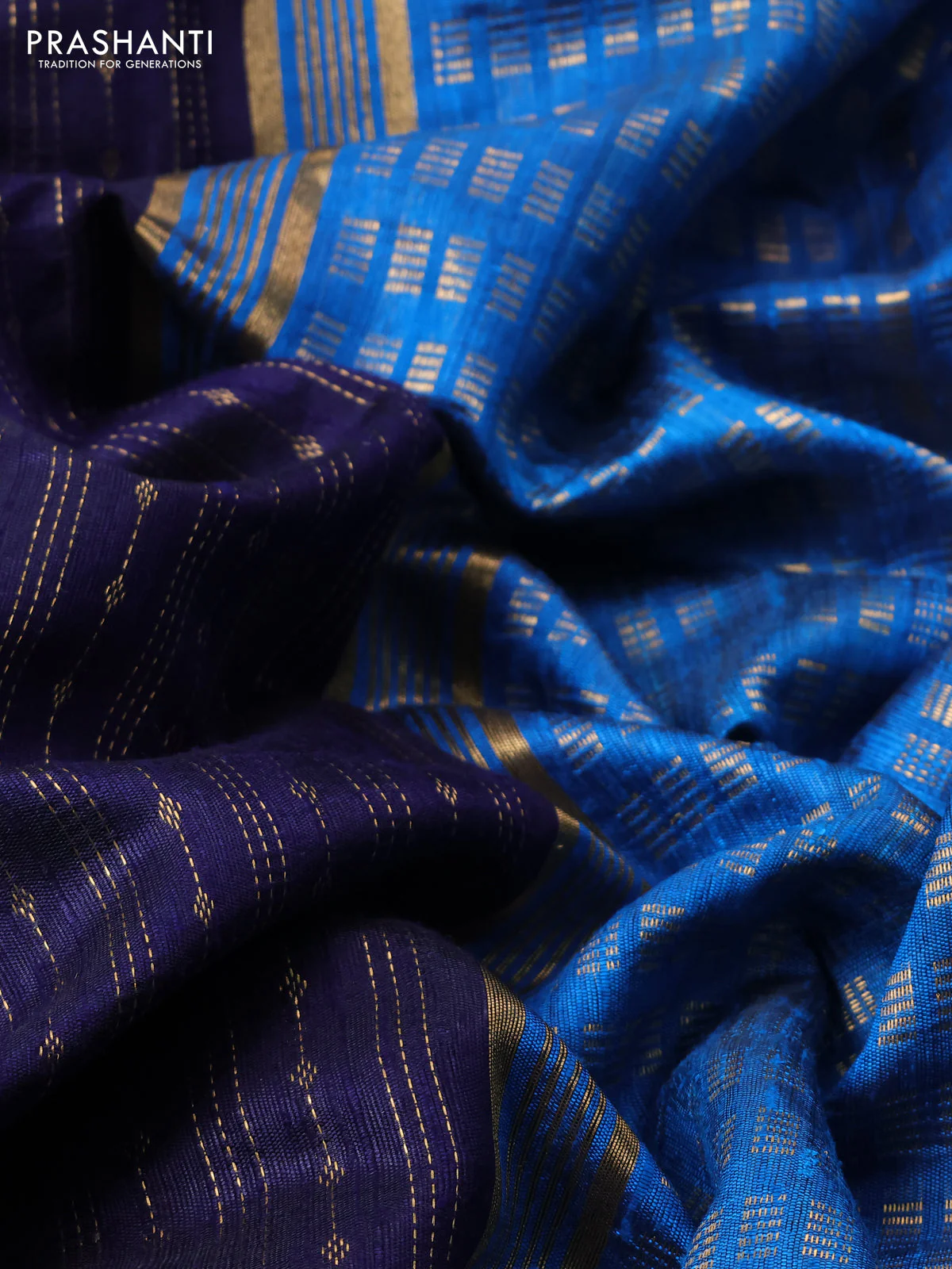 Pure dupion silk saree dark blue and cs blue with allover zari weaves and zari woven embroidery border - Image 3