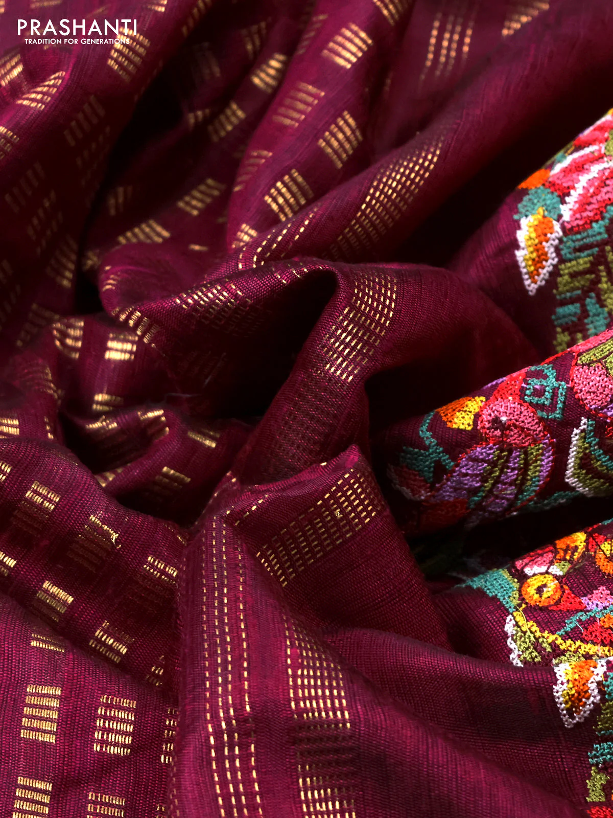 Pure dupion silk saree dark magenta pink with allover zari weaves and zari woven embroidery border - Image 3