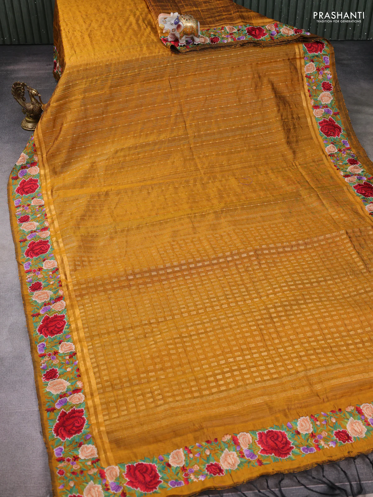 Pure dupion silk saree dark mustard with allover zari weaves and zari woven floral embroidery border - Image 2