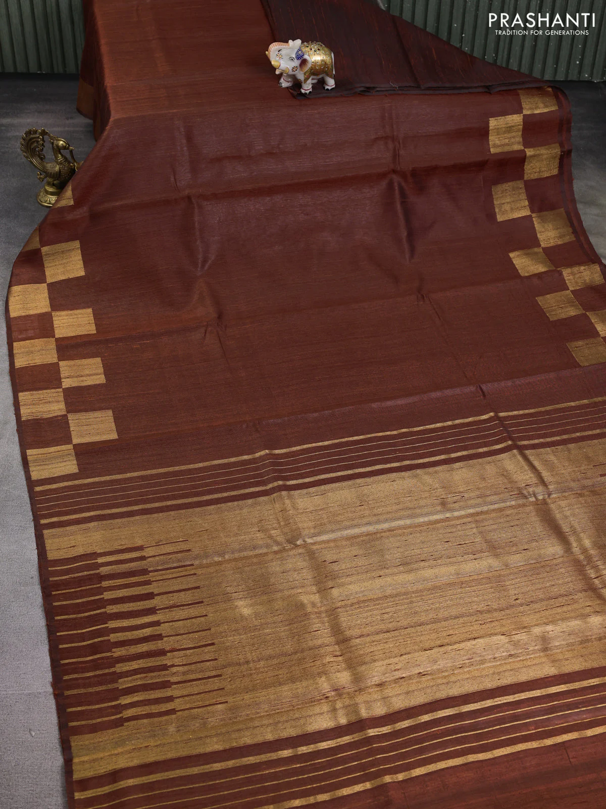 Pure dupion silk saree dark mustard with plain body and zari woven border - Image 2