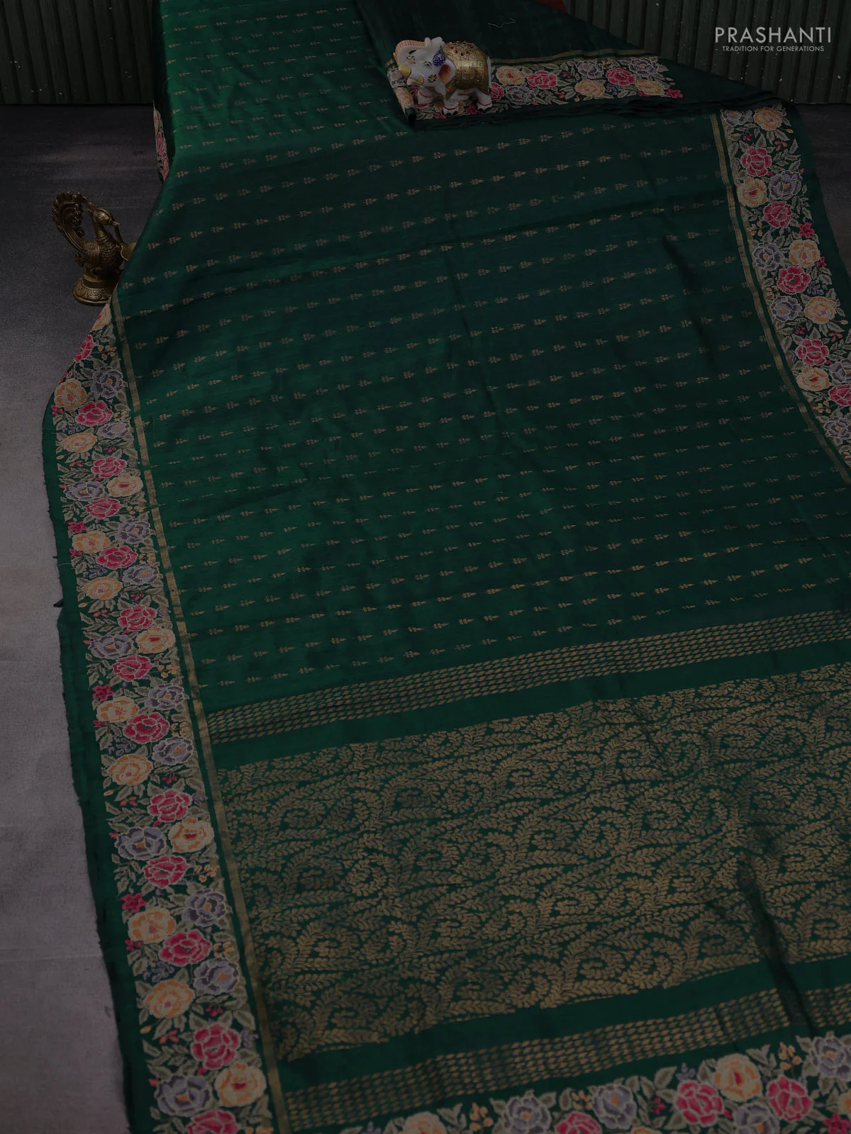 Pure dupion silk saree dark peacock green with allover zari woven buttas and zari woven floral embroidery border - Image 2