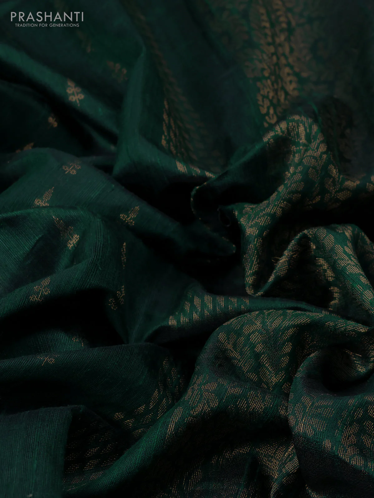 Pure dupion silk saree dark peacock green with allover zari woven buttas and zari woven floral embroidery border - Image 3