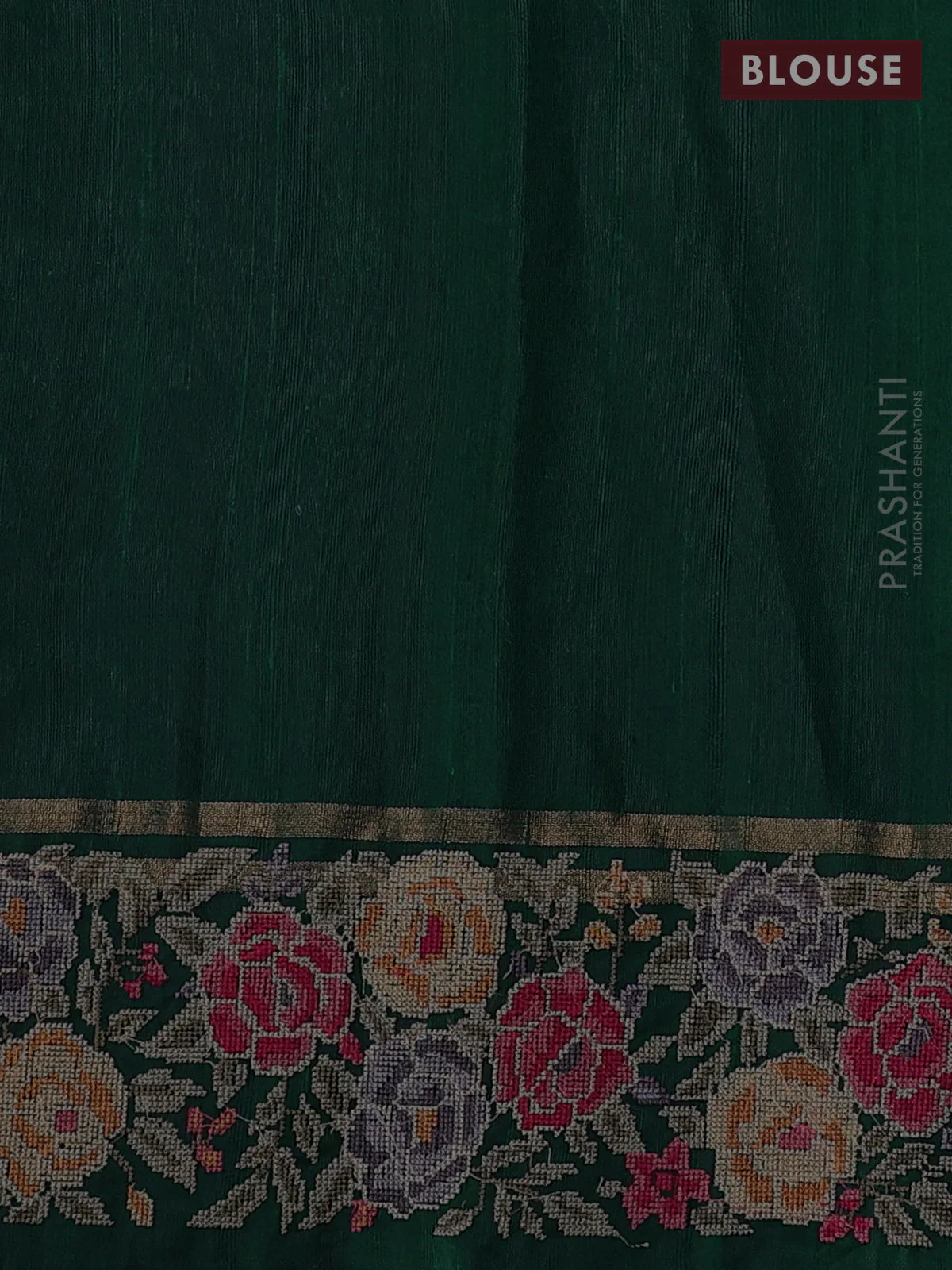 Pure dupion silk saree dark peacock green with allover zari woven buttas and zari woven floral embroidery border - Image 4