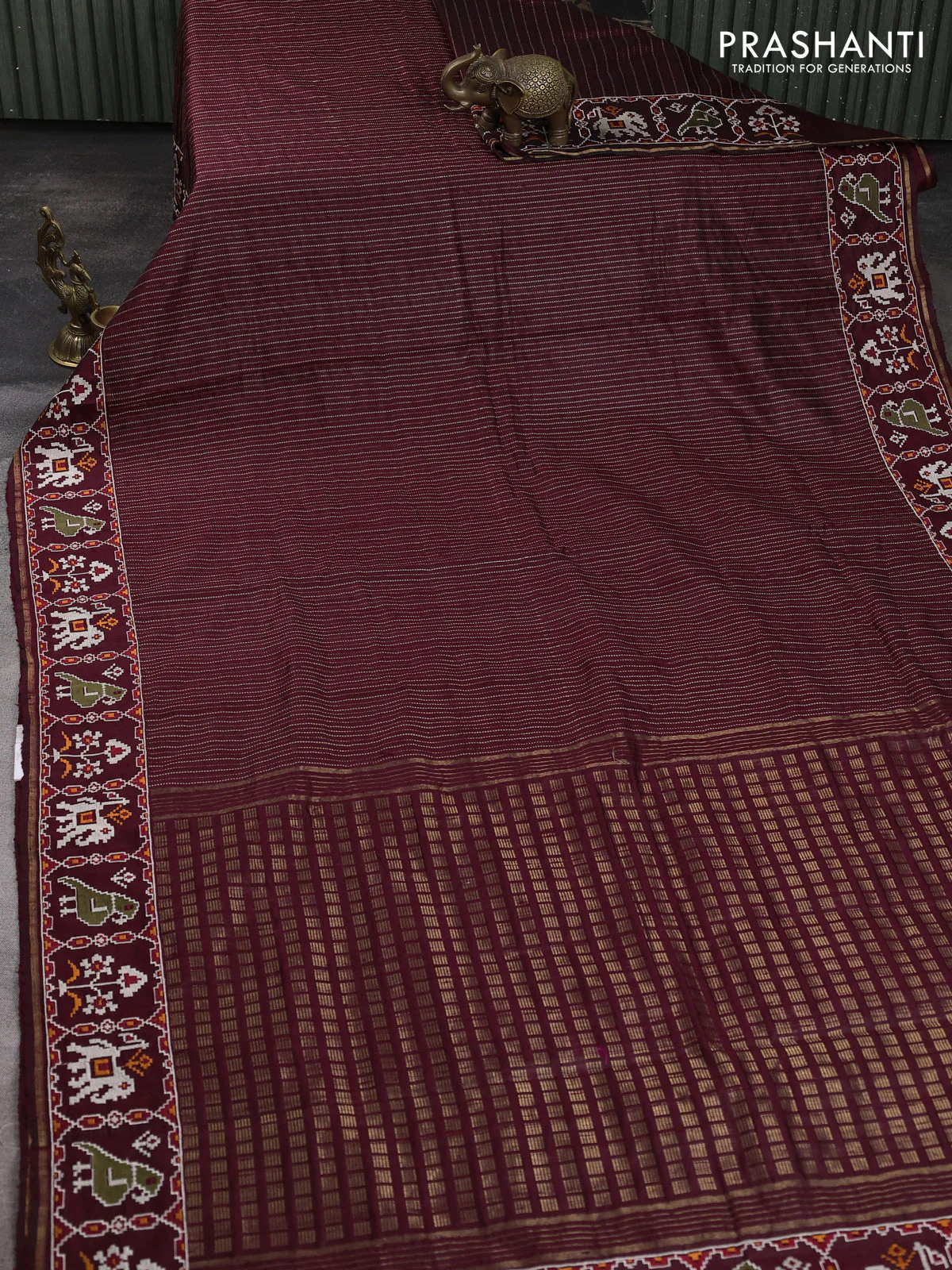 Pure dupion silk saree deep maroon with allover thread & zari weaves and ikat design embroidered border - Image 2
