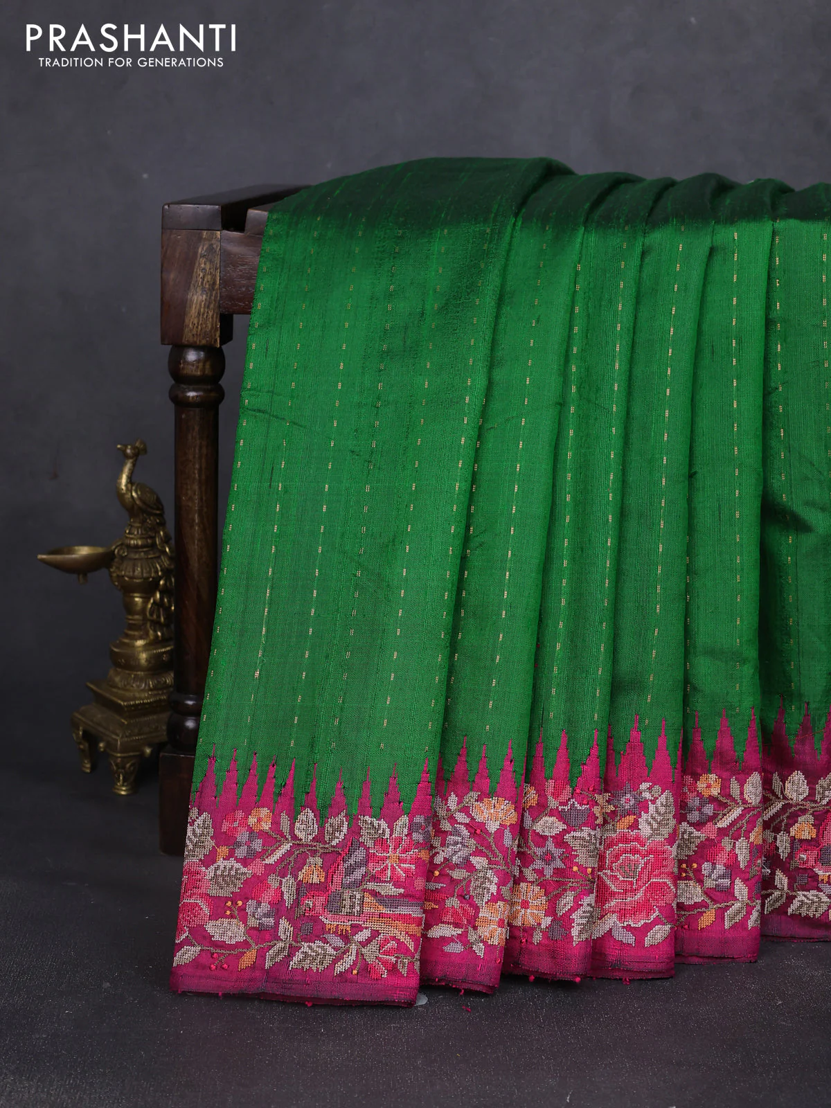 Pure dupion silk saree green and pink with allover zari woven buttas and zari woven embroidery border