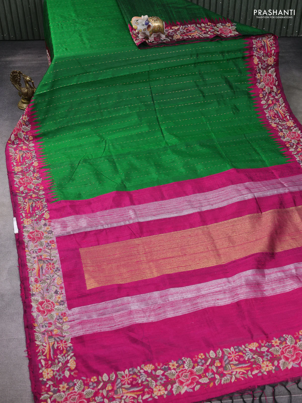 Pure dupion silk saree green and pink with allover zari woven buttas and zari woven embroidery border - Image 2