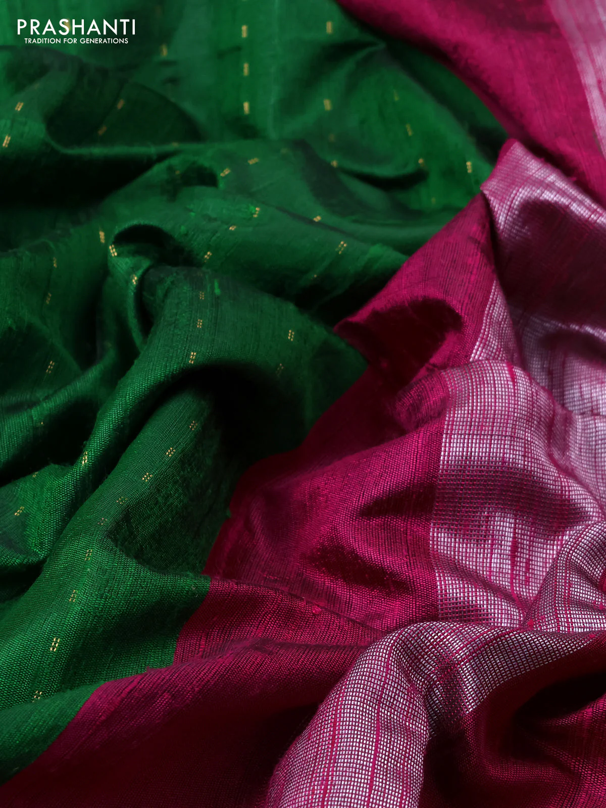Pure dupion silk saree green and pink with allover zari woven buttas and zari woven embroidery border - Image 3