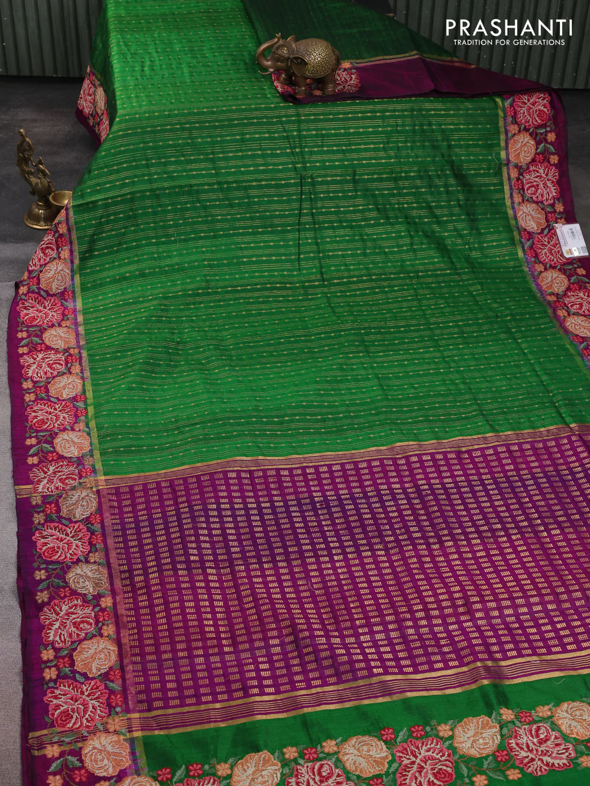 Pure dupion silk saree green and purple with allover zari weaves and zari woven floral embroidery border - Image 2