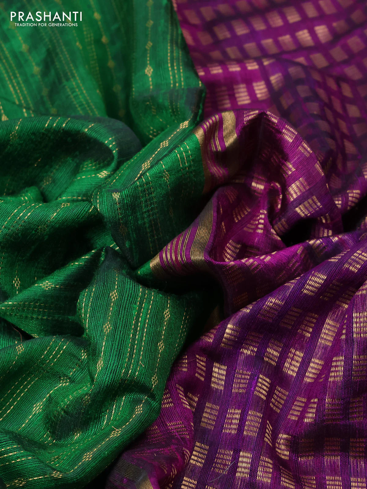 Pure dupion silk saree green and purple with allover zari weaves and zari woven floral embroidery border - Image 3