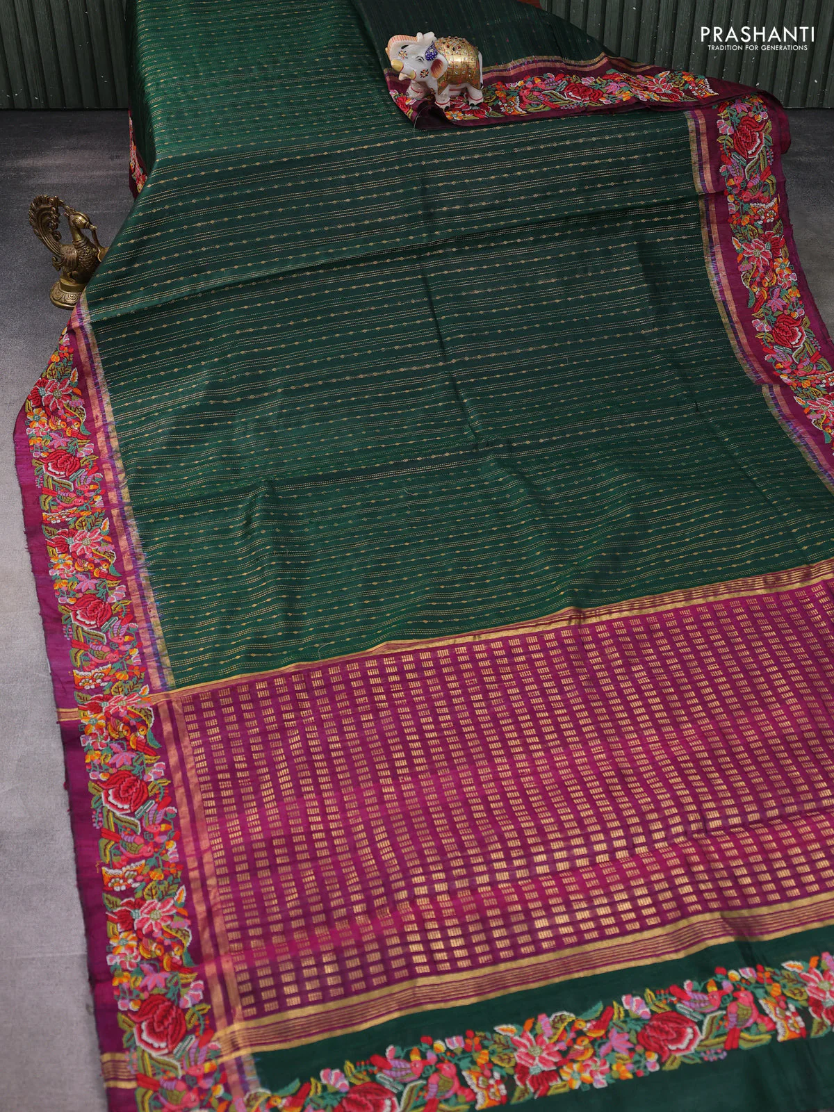 Pure dupion silk saree green and wine shade with allover zari weaves and zari woven embroidery border - Image 2