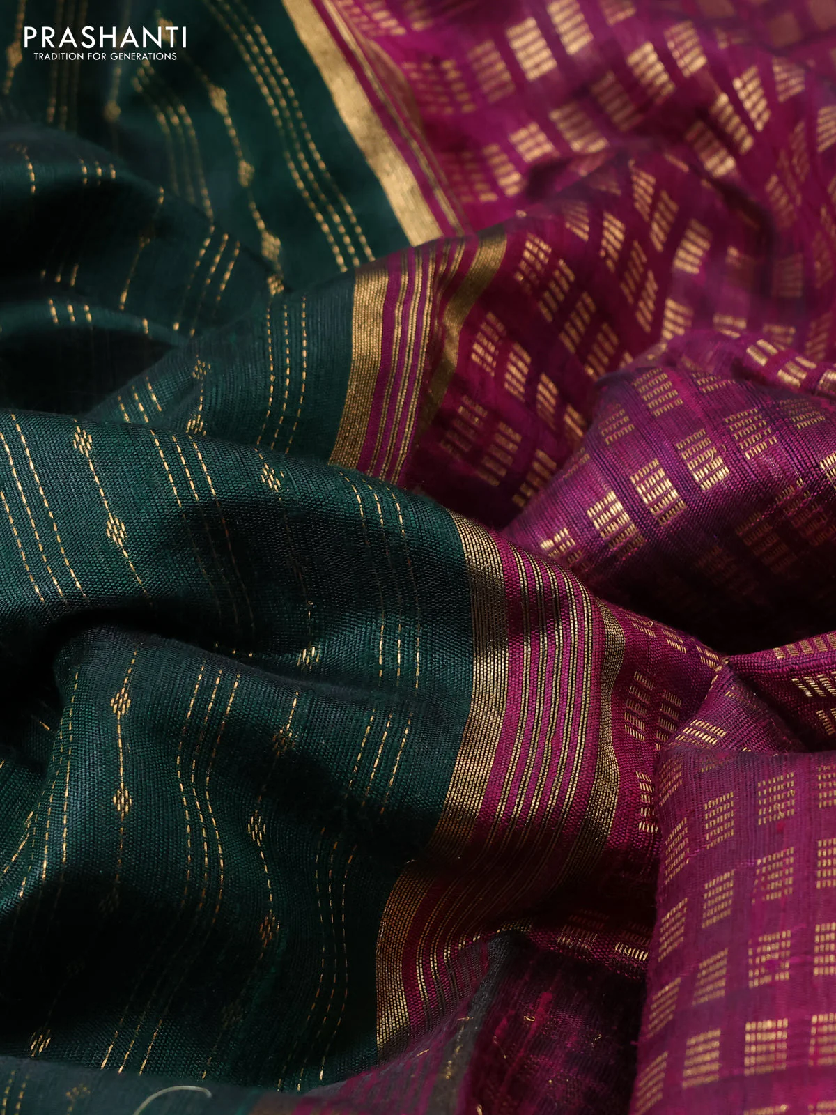 Pure dupion silk saree green and wine shade with allover zari weaves and zari woven embroidery border - Image 3