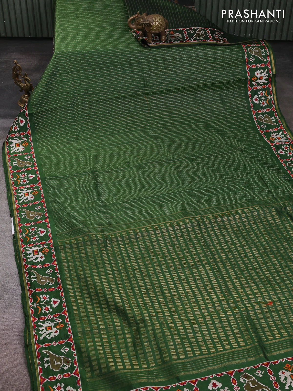 Pure dupion silk saree green with allover thread & zari weaves and ikat design embroidered border - Image 2