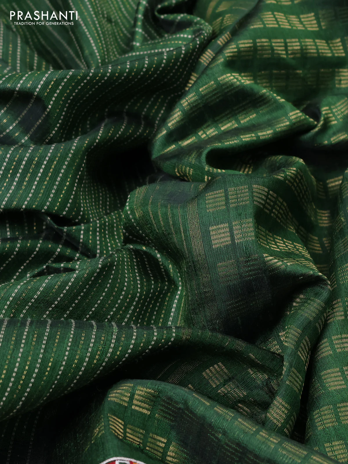 Pure dupion silk saree green with allover thread & zari weaves and ikat design embroidered border - Image 3
