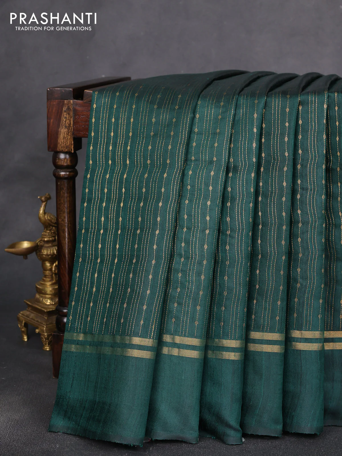 Pure dupion silk saree green with allover zari stripe pattern and simple border