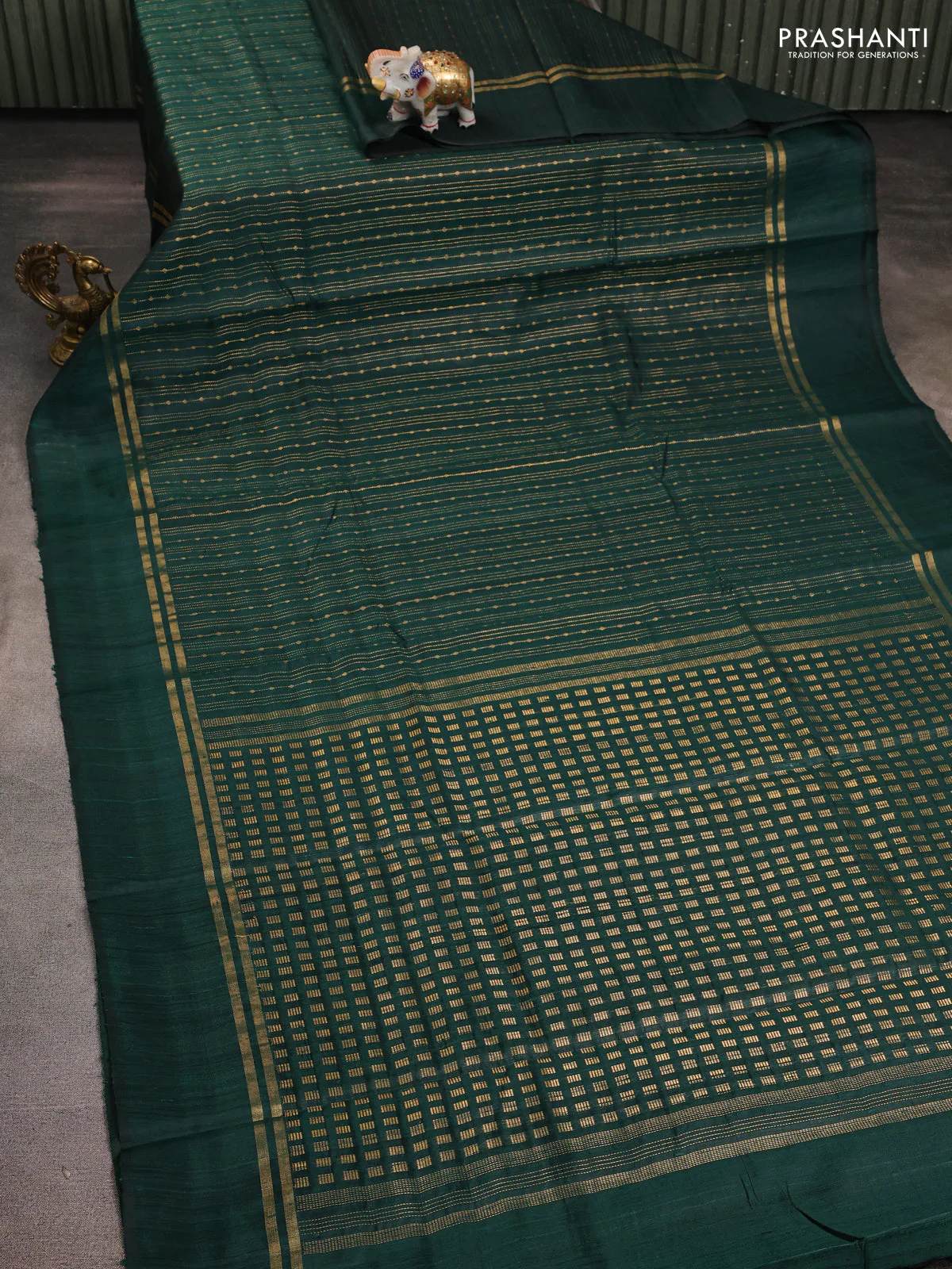 Pure dupion silk saree green with allover zari stripe pattern and simple border - Image 2