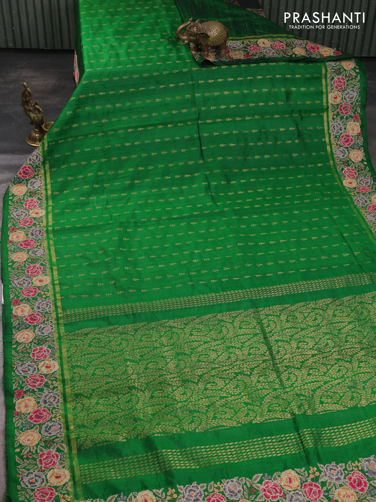 Pure dupion silk saree green with allover zari woven buttas and zari woven floral embroidery border - Image 2