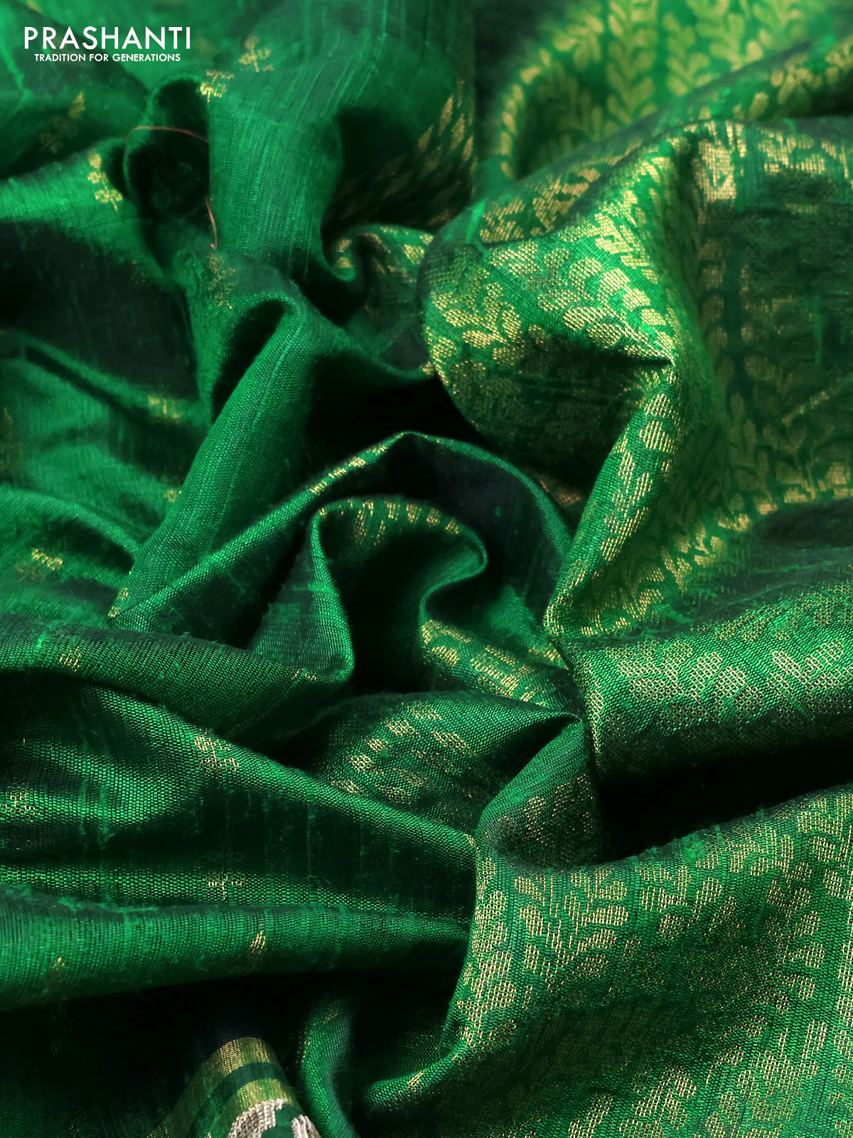 Pure dupion silk saree green with allover zari woven buttas and zari woven floral embroidery border - Image 3