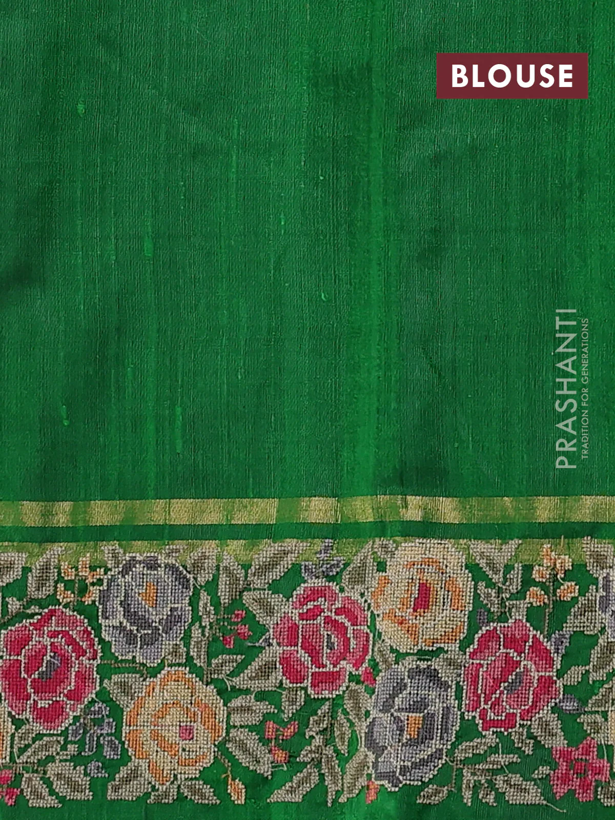 Pure dupion silk saree green with allover zari woven buttas and zari woven floral embroidery border - Image 4