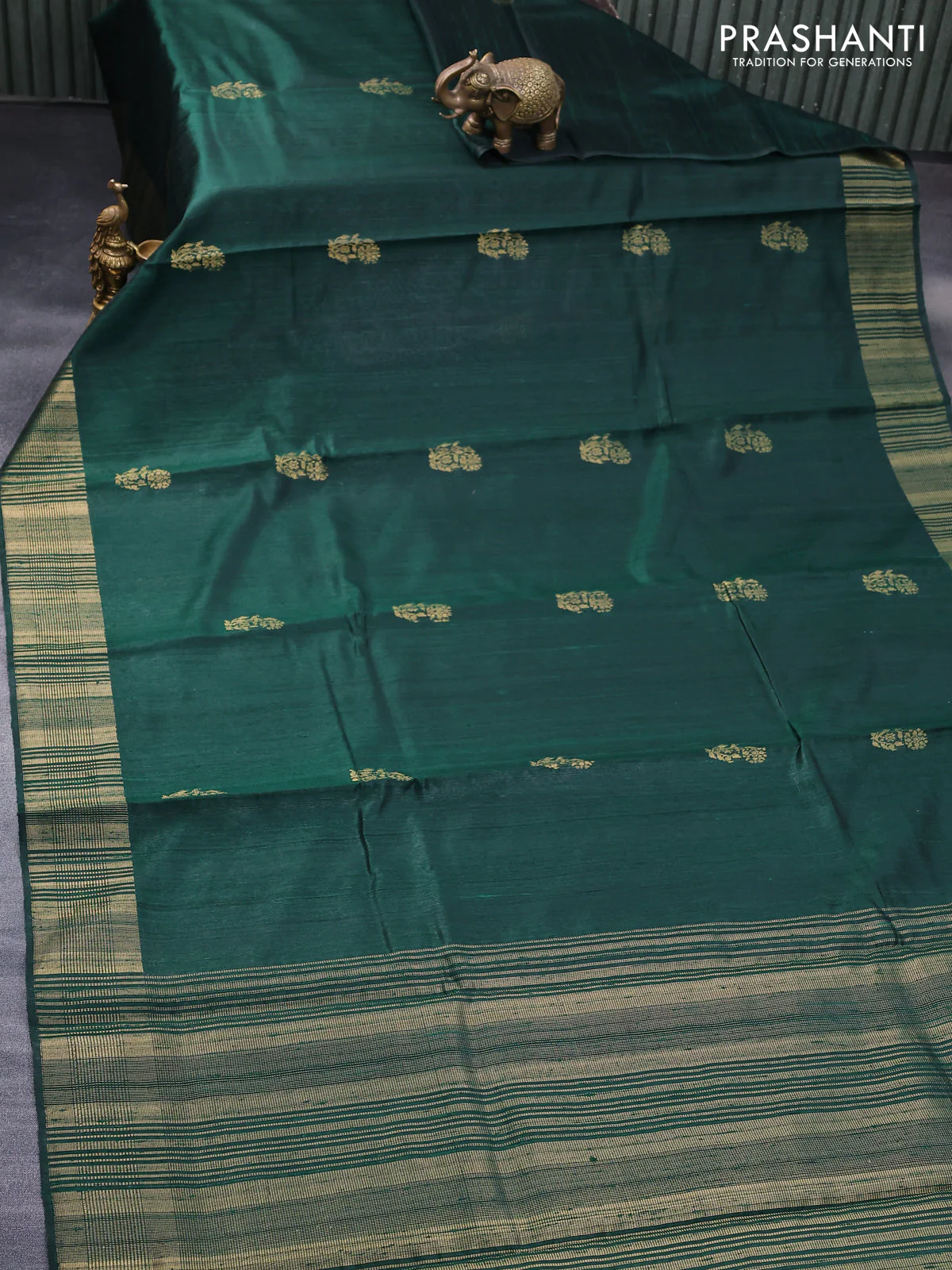 Pure dupion silk saree green with zari woven buttas and zari woven border - Image 2