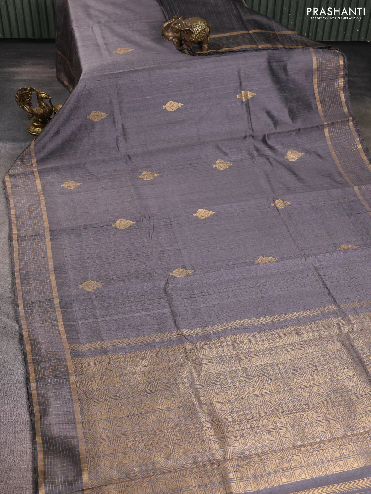 Pure dupion silk saree grey with zari woven buttas and zari woven checked border - Image 2