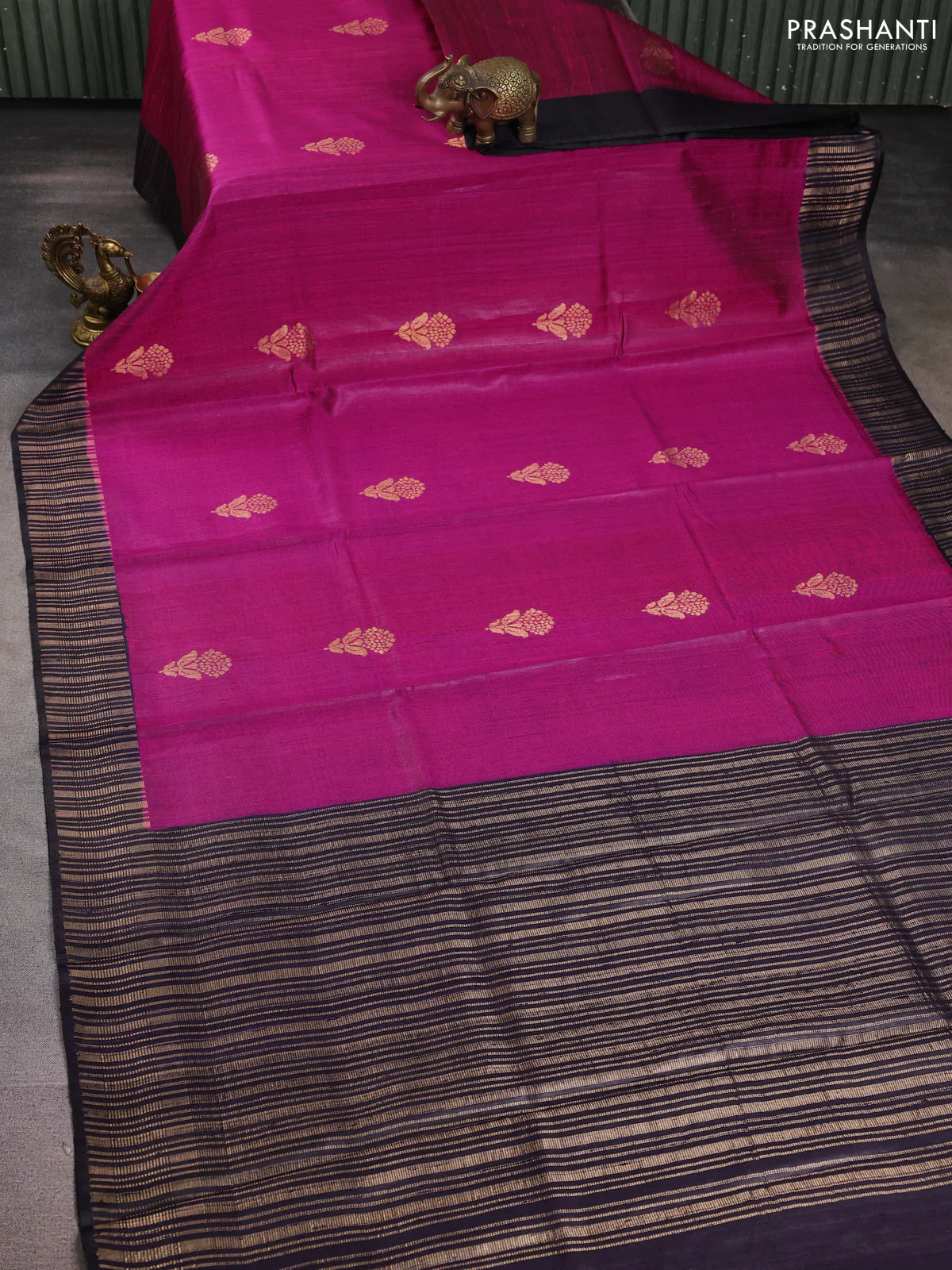 Pure dupion silk saree magenta pink and deep jamun with floral zari woven buttas and zari woven border - Image 2
