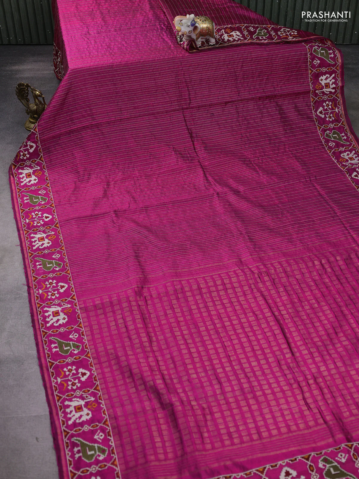 Pure dupion silk saree magenta pink with allover thread & zari weaves and ikat design embroidered border - Image 2