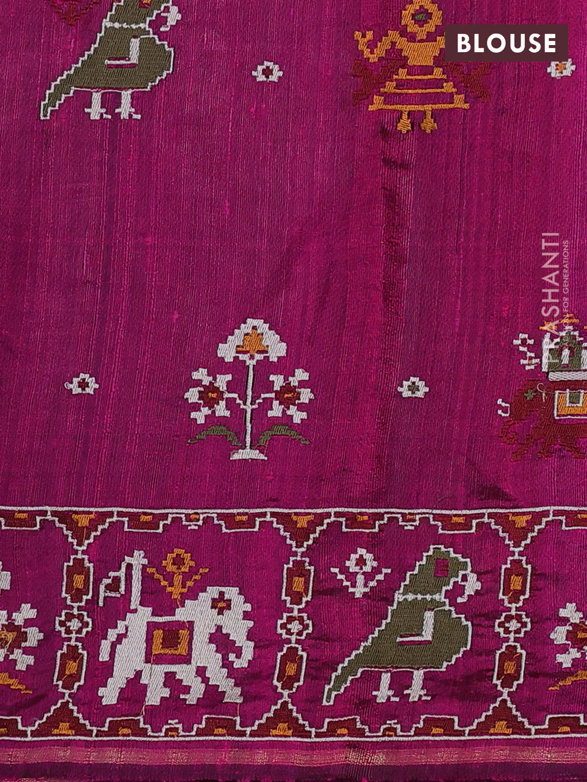 Pure dupion silk saree magenta pink with allover thread & zari weaves and ikat design embroidered border - Image 4