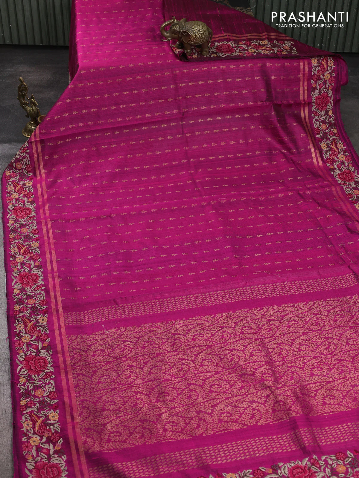 Pure dupion silk saree magenta pink with allover zari woven butta weaves and zari woven embroidery border - Image 2