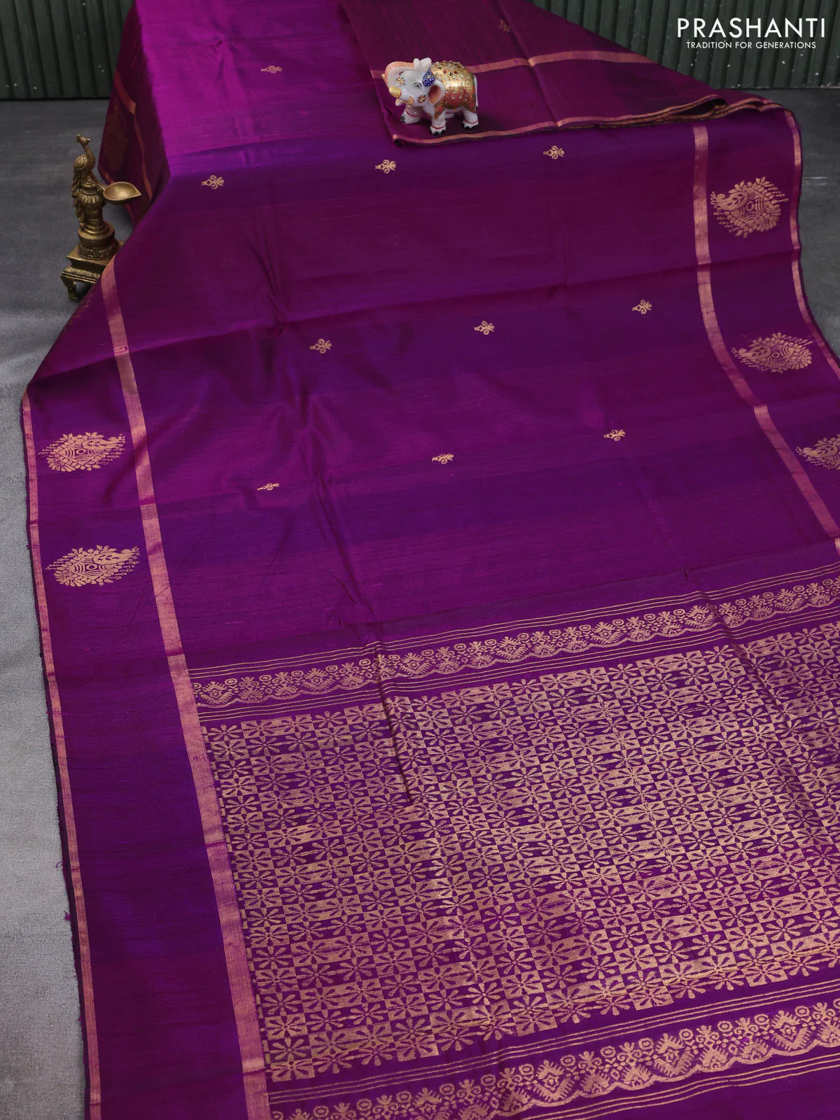Pure dupion silk saree magenta pink with zari woven buttas and zari woven border - Image 2