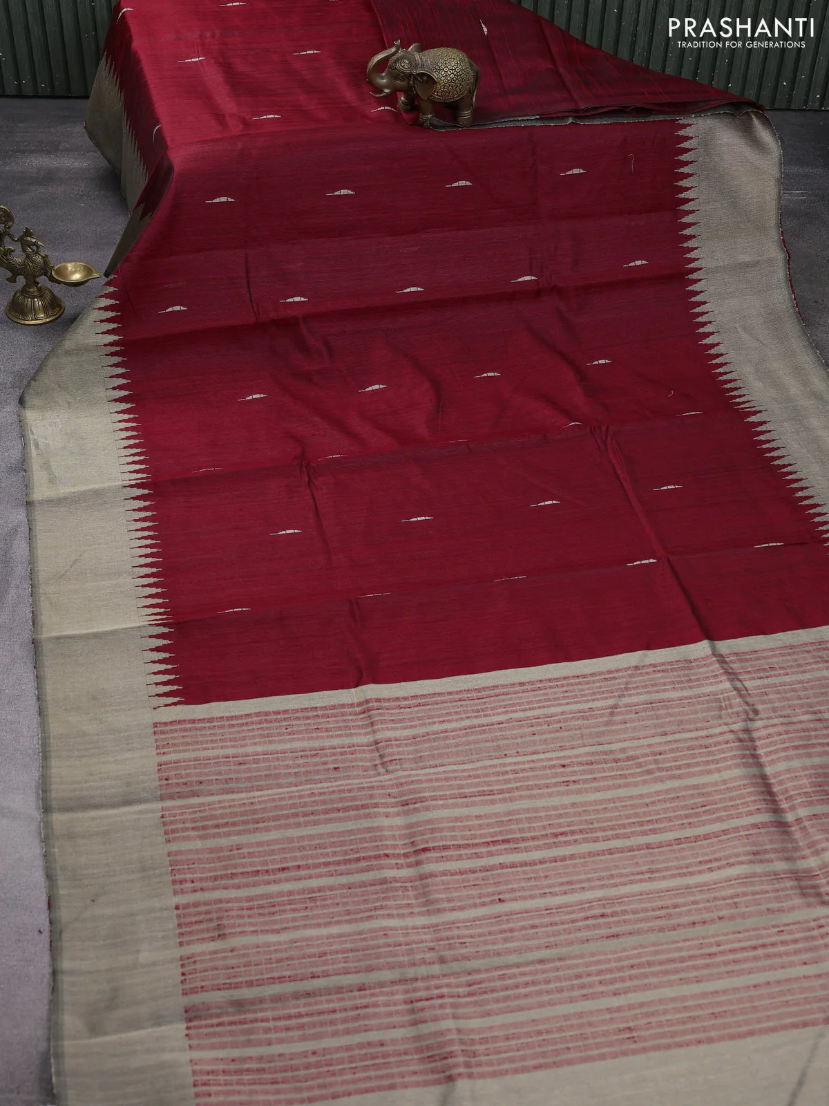 Pure dupion silk saree maroon and beige with thread woven buttas and temple design border - Image 2