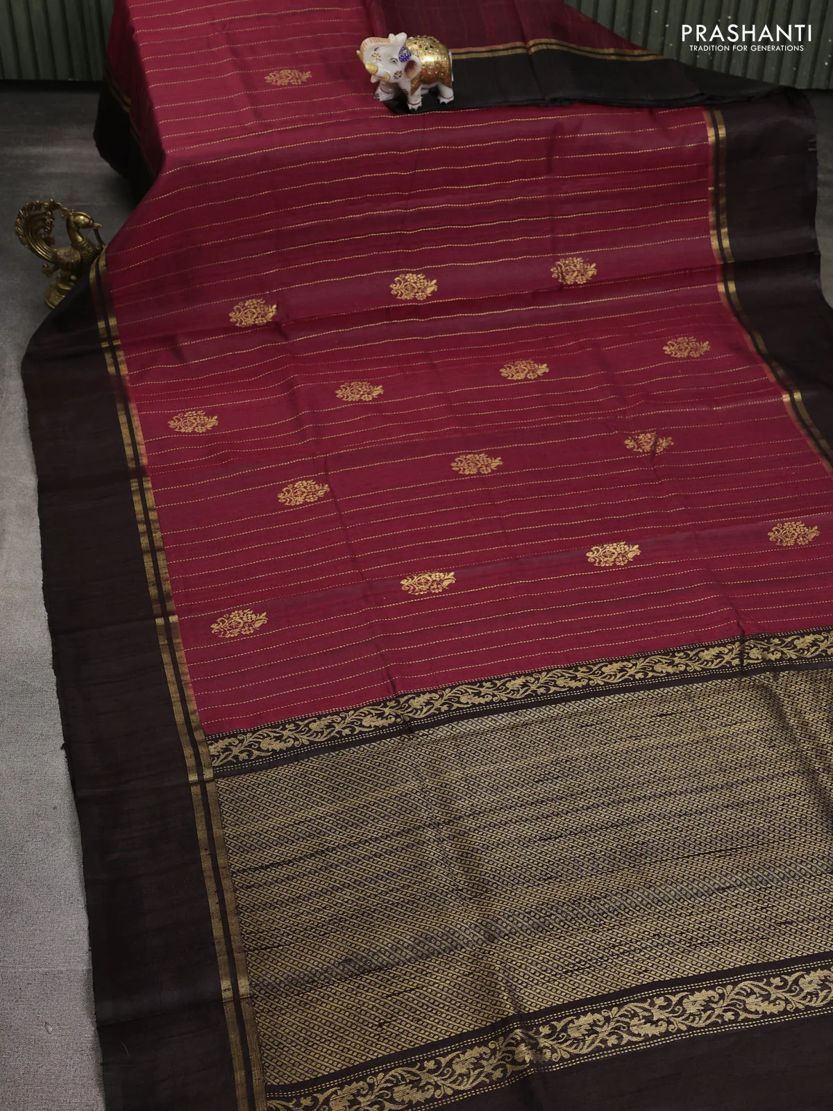 Pure dupion silk saree maroon and deep jamun with allover zari woven buttas and simple border - Image 2
