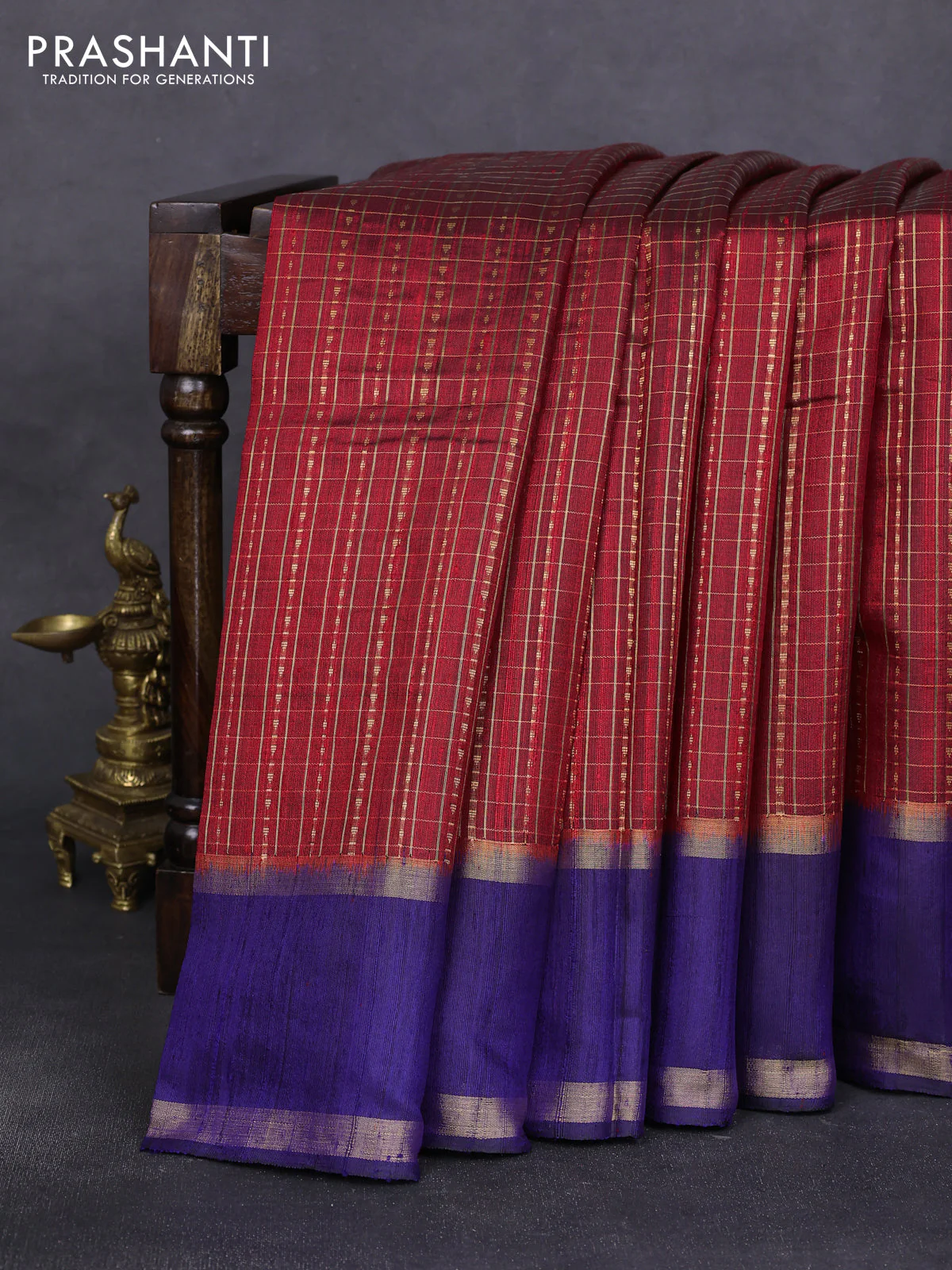 Pure dupion silk saree maroon and navy blue with allover zari woven checked pattern and rettapet zari woven border
