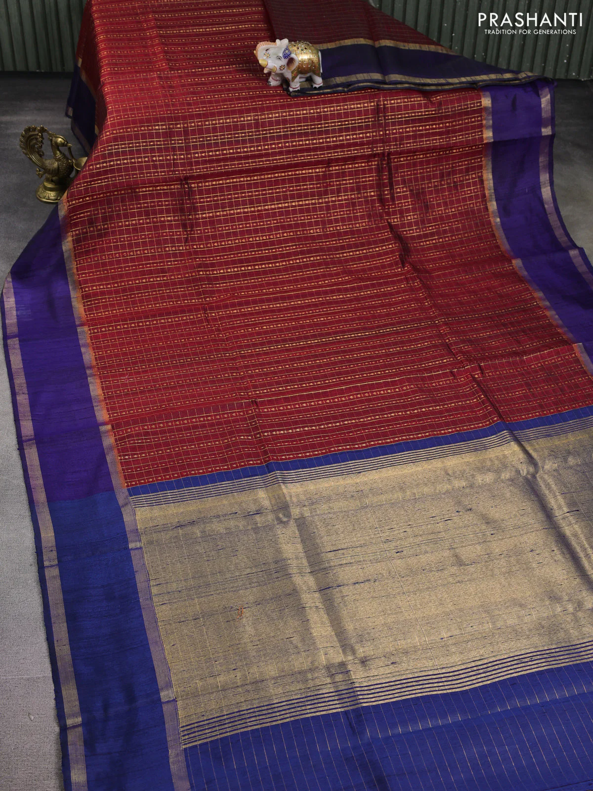 Pure dupion silk saree maroon and navy blue with allover zari woven checked pattern and rettapet zari woven border - Image 2