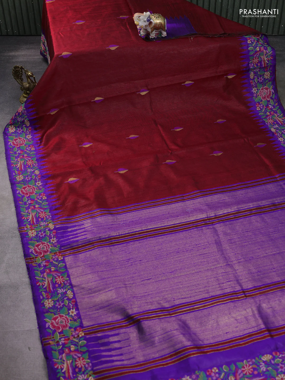Pure dupion silk saree maroon and violet with thread & zari woven leaf buttas and temple design embroidery border - Image 2