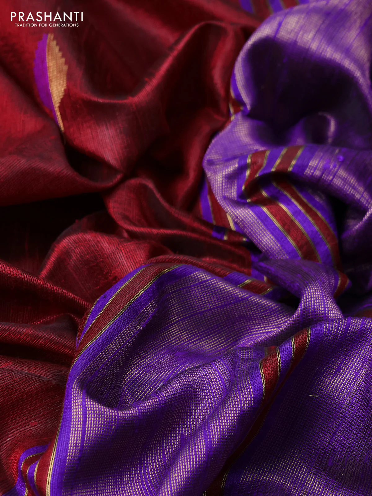 Pure dupion silk saree maroon and violet with thread & zari woven leaf buttas and temple design embroidery border - Image 3