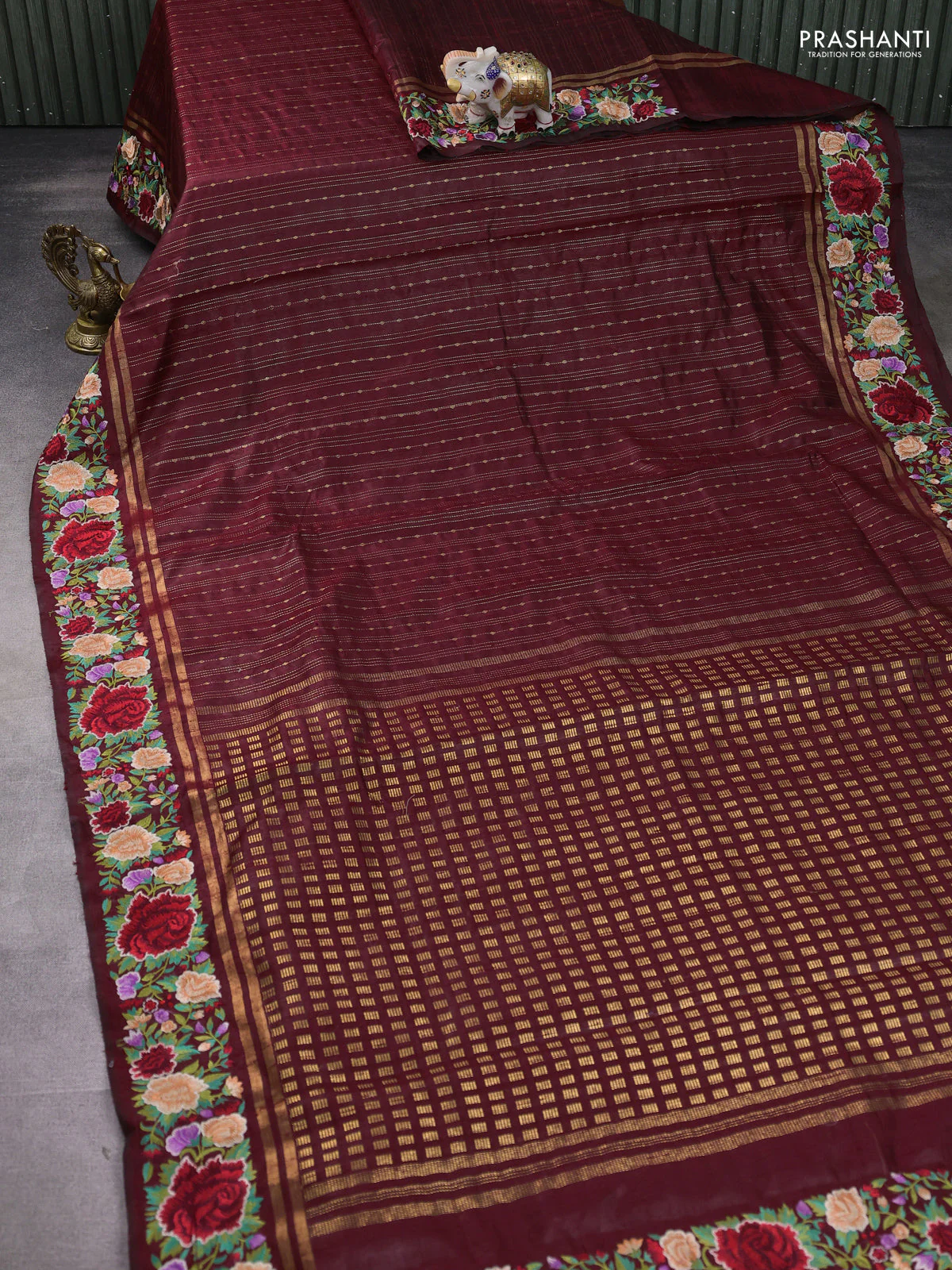 Pure dupion silk saree maroon with allover zari weaves and zari woven floral embroidery border - Image 2