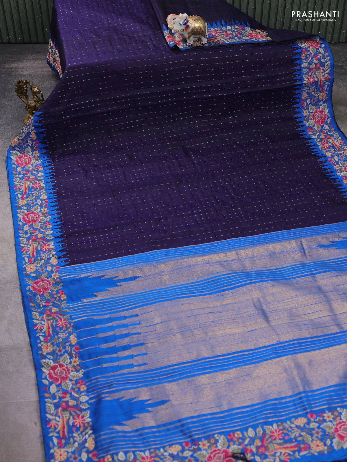 Pure dupion silk saree navy blue and cs blue with allover zari woven buttas and temple design embroidery border - Image 2