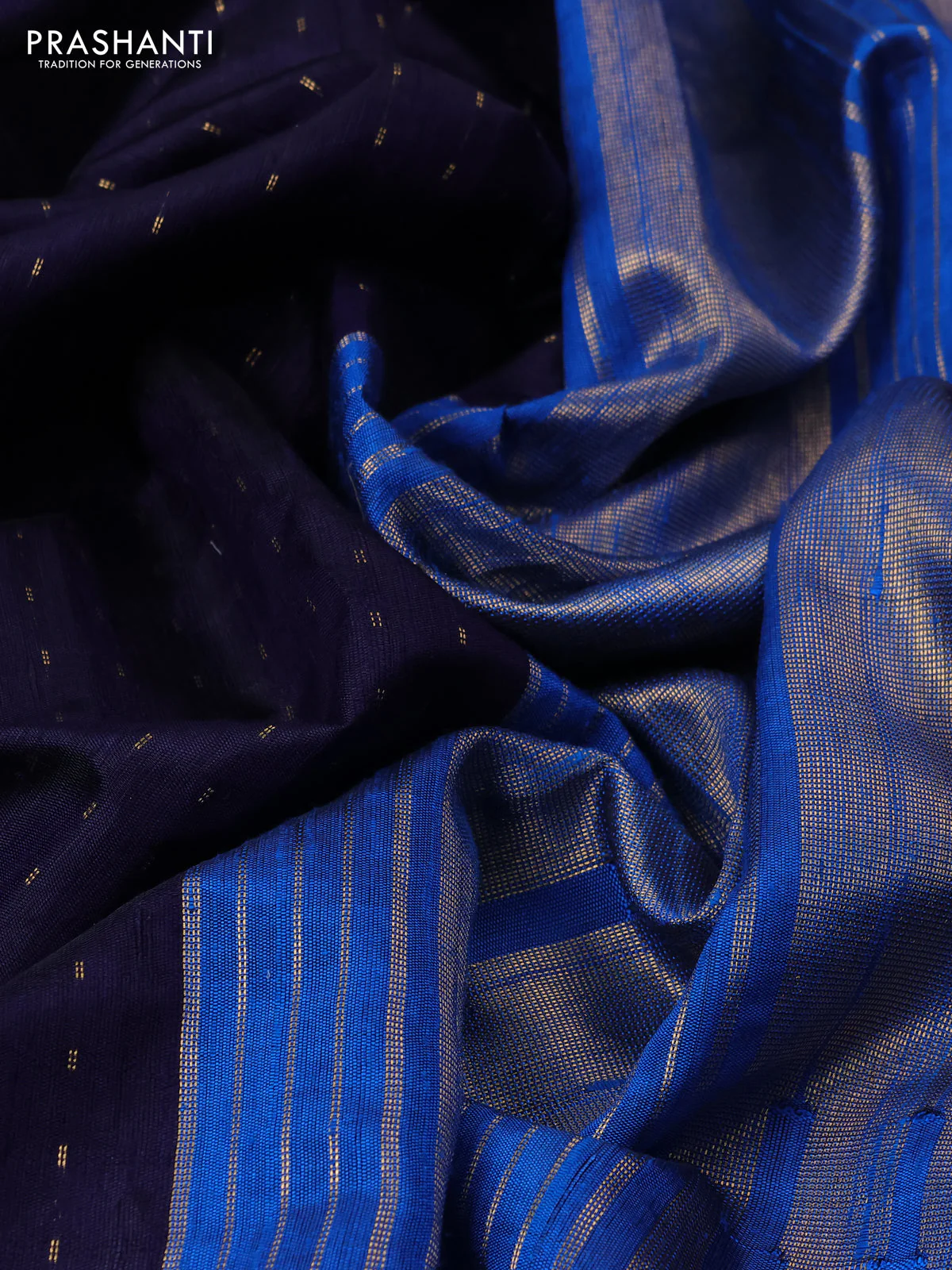 Pure dupion silk saree navy blue and cs blue with allover zari woven buttas and temple design embroidery border - Image 3