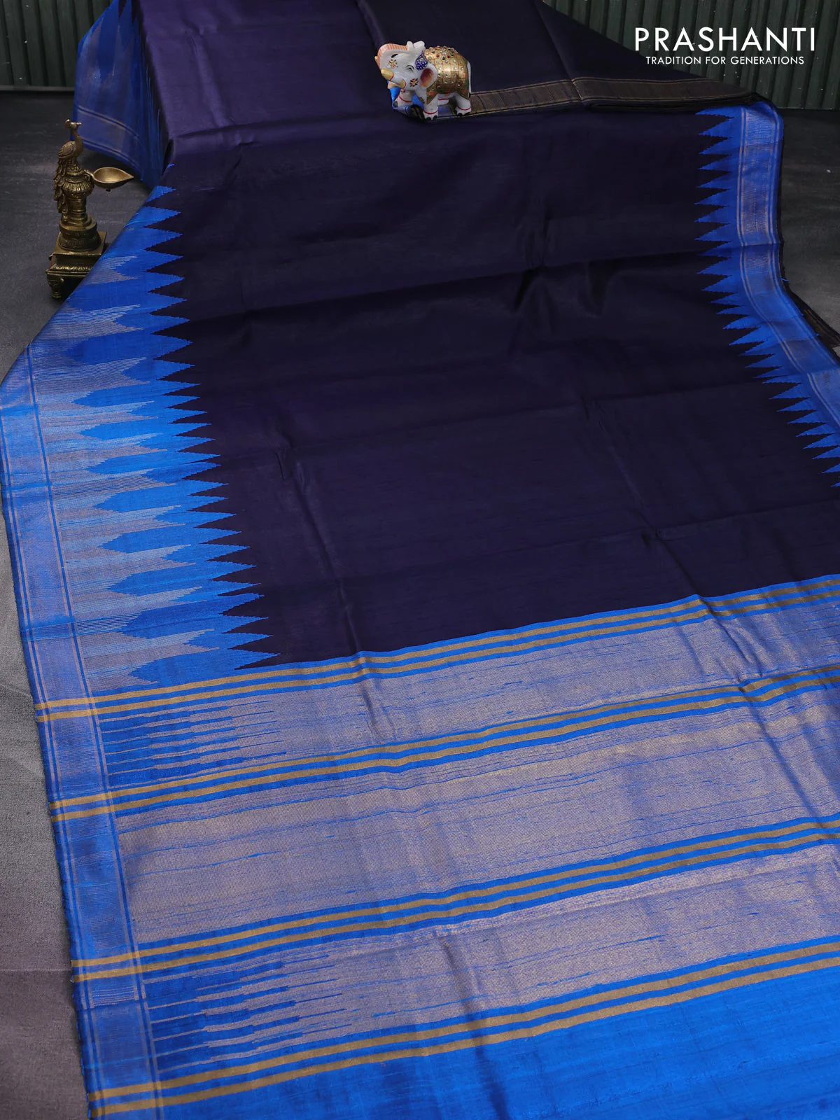 Pure dupion silk saree navy blue and cs blue with plain body and temple design zari woven border - Image 2