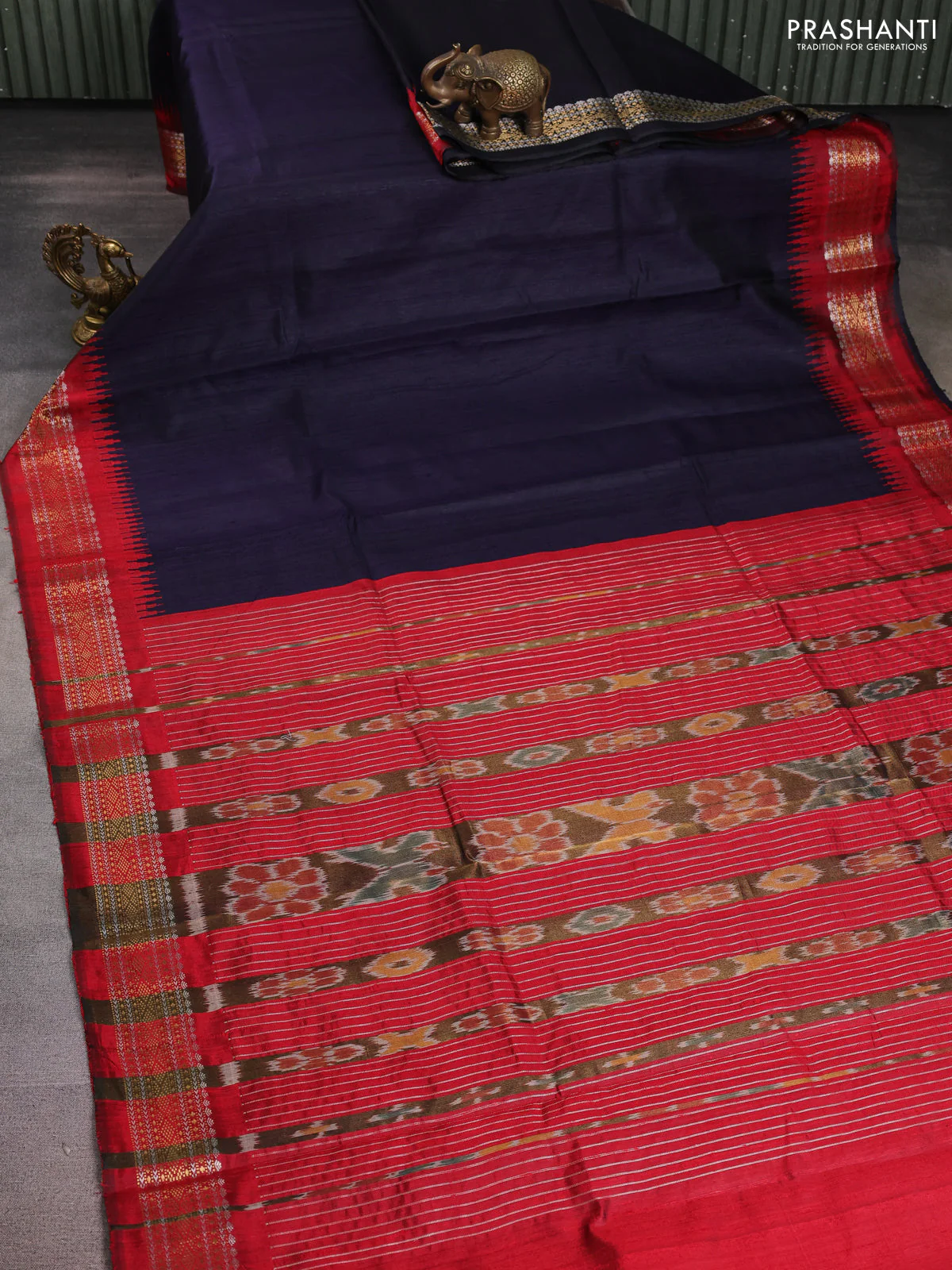 Pure dupion silk saree navy blue and maroon with plain body and silver & zari woven border - Image 2