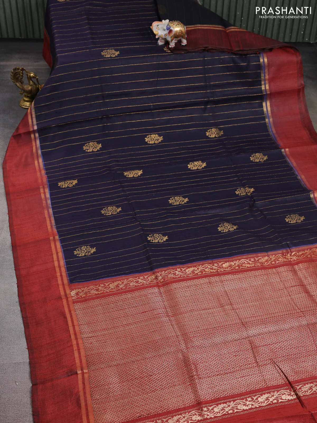Pure dupion silk saree navy blue and maroon with zari woven buttas and zari woven simple border - Image 2