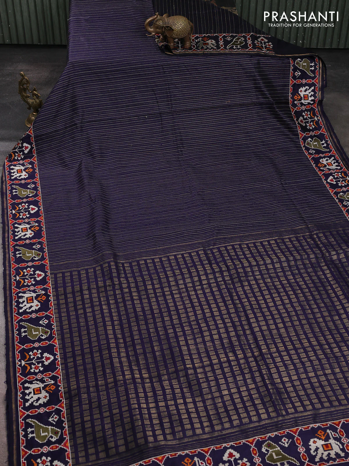 Pure dupion silk saree navy blue with allover thread & zari weaves and ikat design embroidered border - Image 2