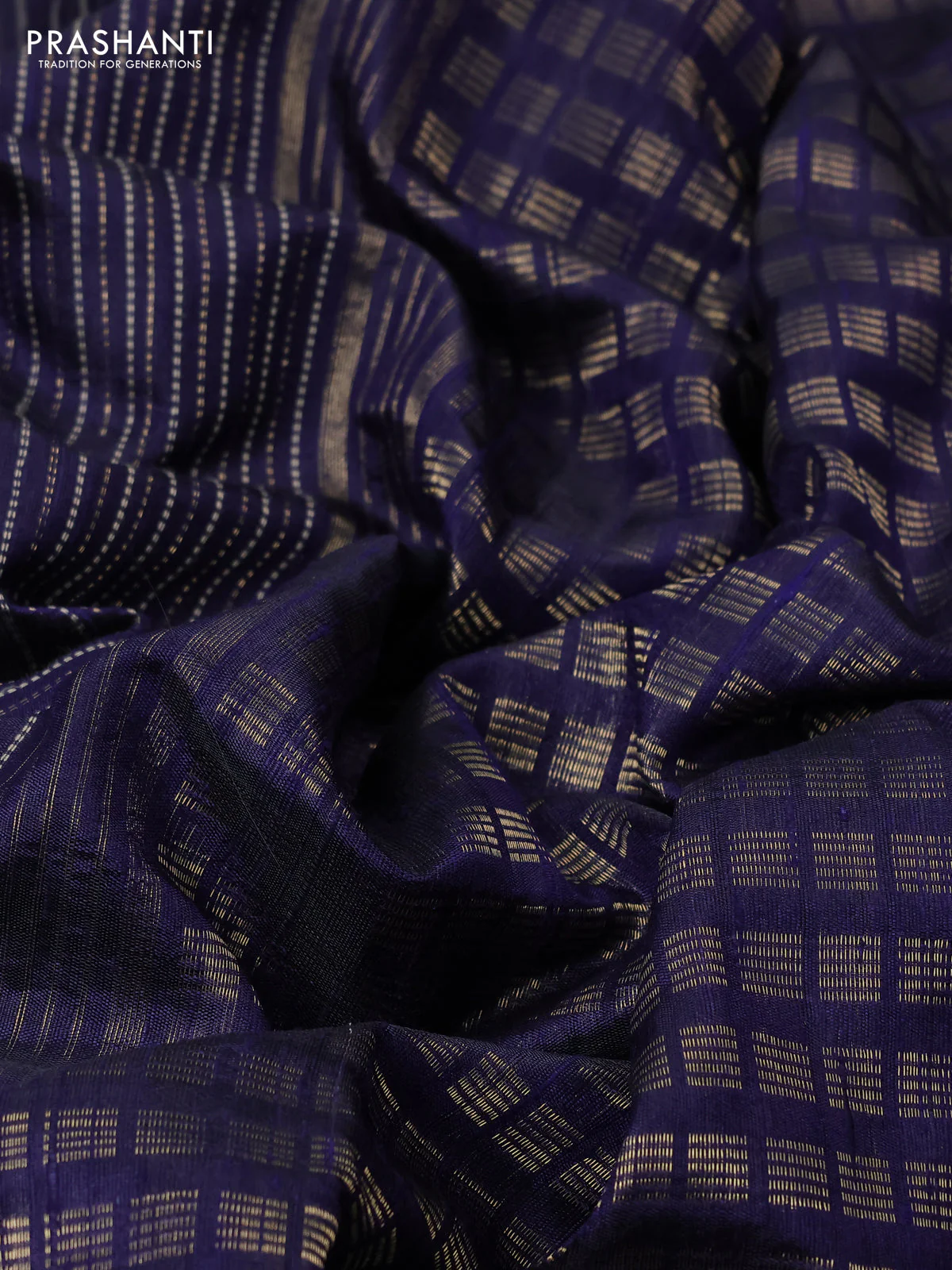 Pure dupion silk saree navy blue with allover thread & zari weaves and ikat design embroidered border - Image 3