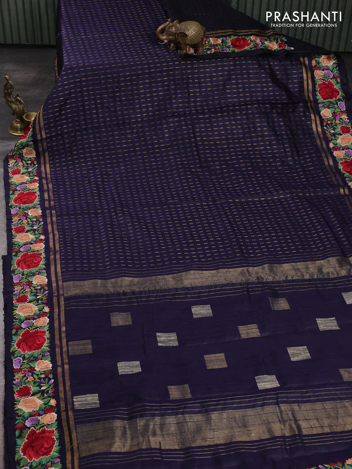 Pure dupion silk saree navy blue with allover zari woven butta weaves and zari woven floral embroidery border - Image 2